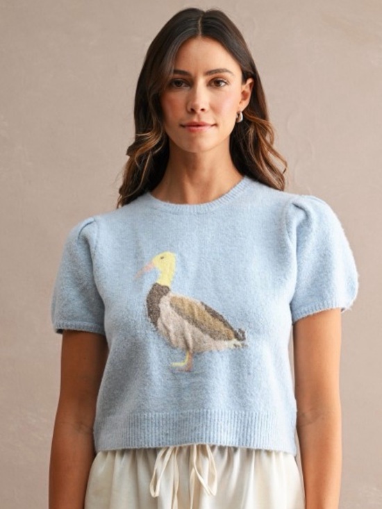 Mable Sweaters - A724. Light Blue Puff-Sleeve Cropped Sweater with Duck Jacquard